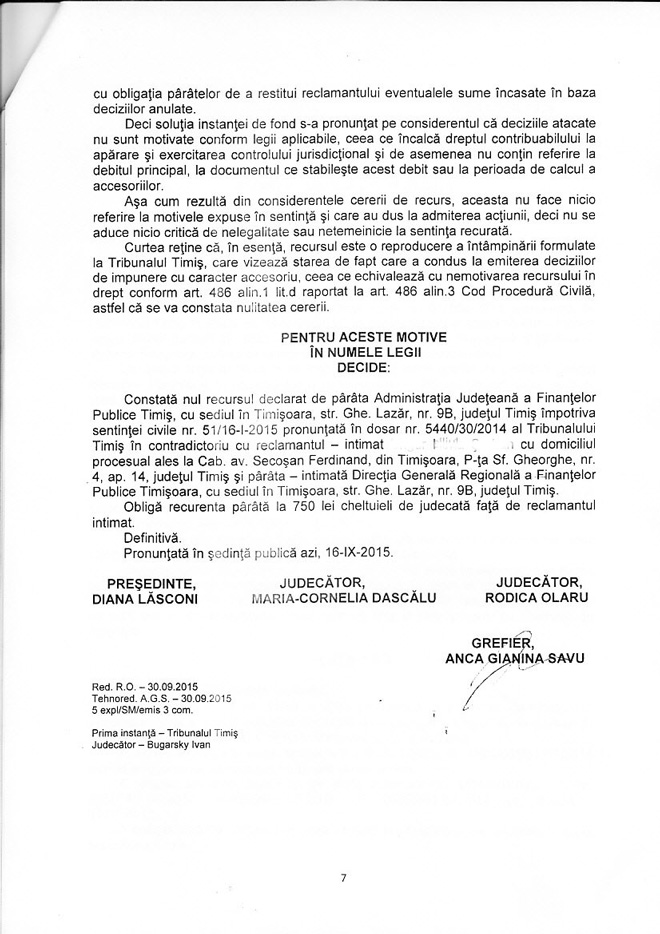 Decizia nr. 5301/2015, Curtea de Apel Timișoara, Secția de contencios administrativ și fiscal, pronunțată în recurs